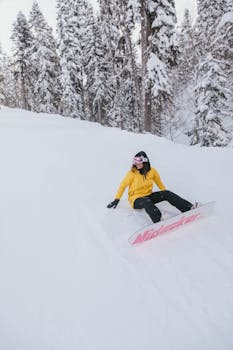 Sportswoman in yellow jacket snowboarding on snowy slope at ski resort.