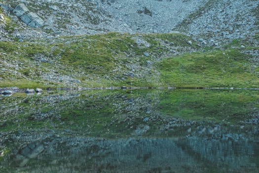 宁静的户外场景中，湖面映照出山坡上的岩石和草地