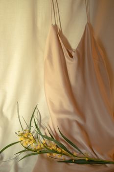 A luxurious satin beige dress draped elegantly against a backdrop with green foliage, exuding elegance and style.