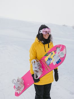 Cheerful woman snowboarder with pink board enjoying winter sports on snowy mountain.