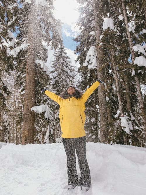 Immagine gratuita di abbigliamento invernale, alberi coperti di neve, braccio alzato