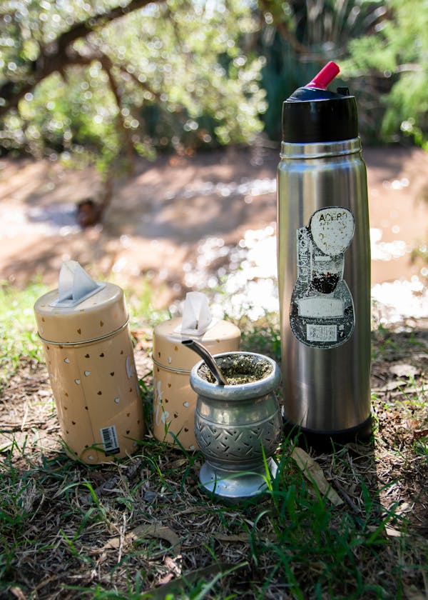 Stainless Steel Tea Set on Green Grass
