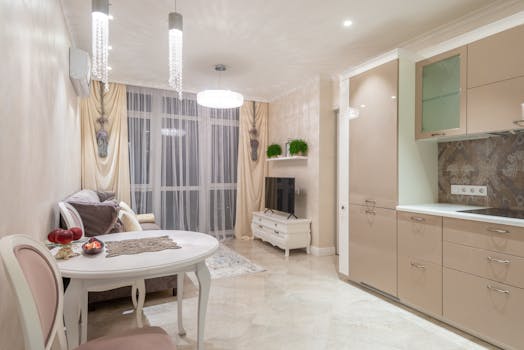 A luxurious open-plan living area featuring modern design elements, natural light, and elegant decor.