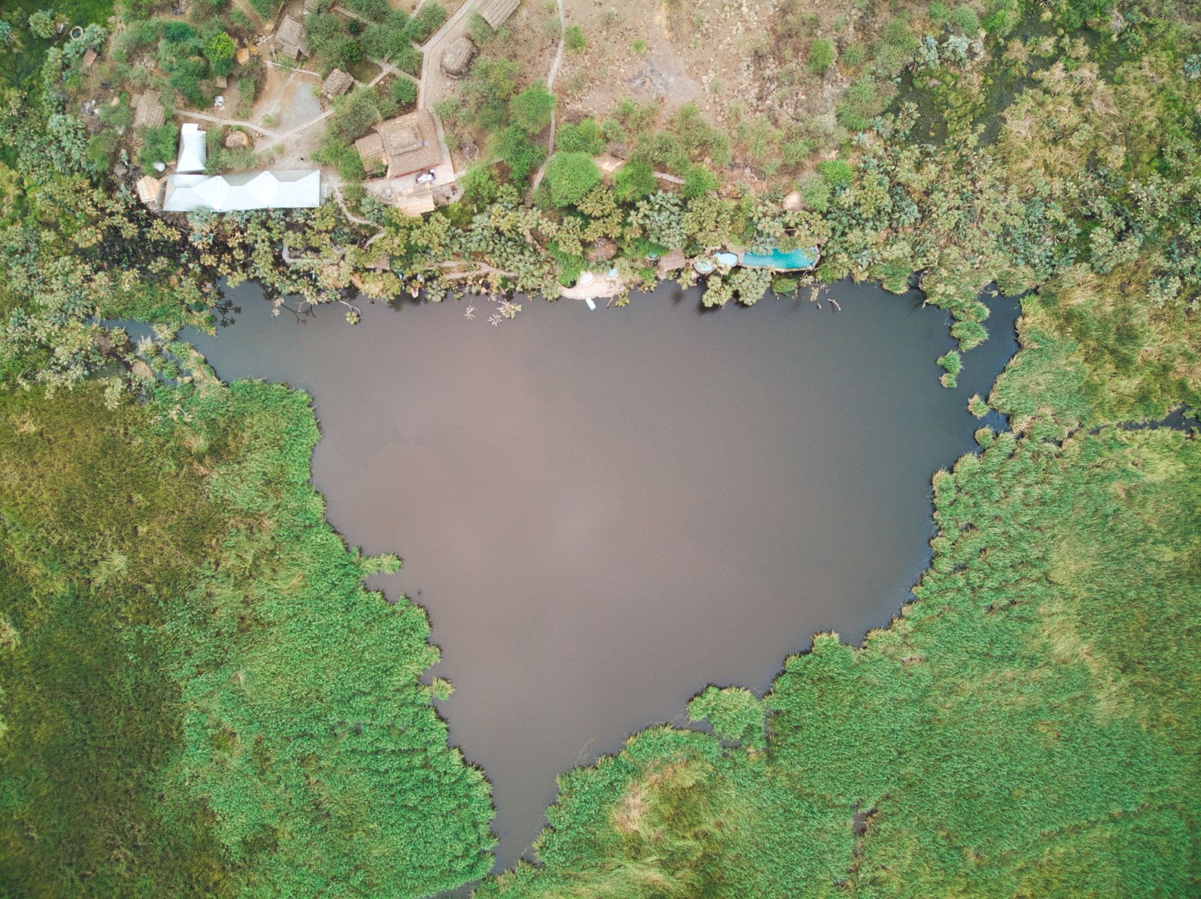 Aerial drone shot of a tranquil lake surrounded by greenery in Afar, Ethiopia.