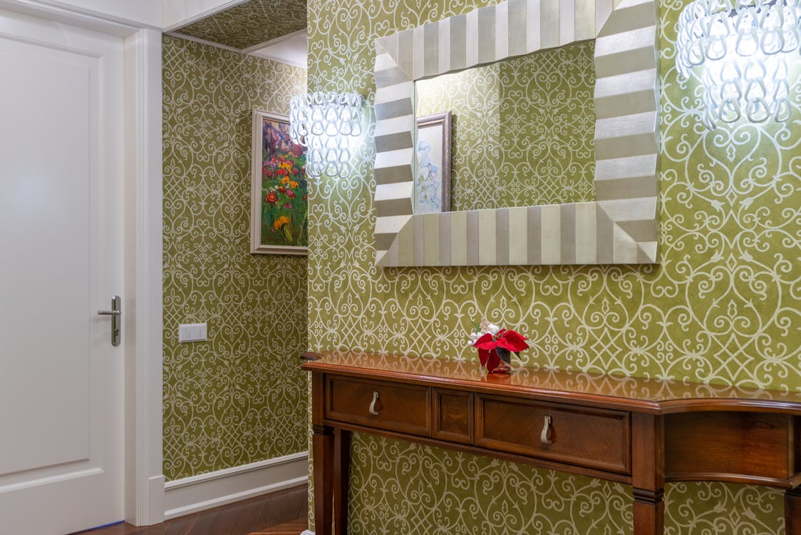 Free House Hallway with a Patterned Wallpaper Stock Photo