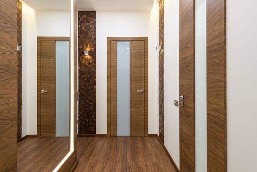 Stylish hallway featuring wooden doors and elegant design elements, perfect for modern interiors.
