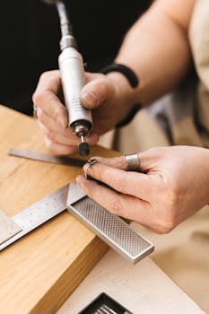 Skilled hands using a rotary tool for precision in jewelry crafting.
