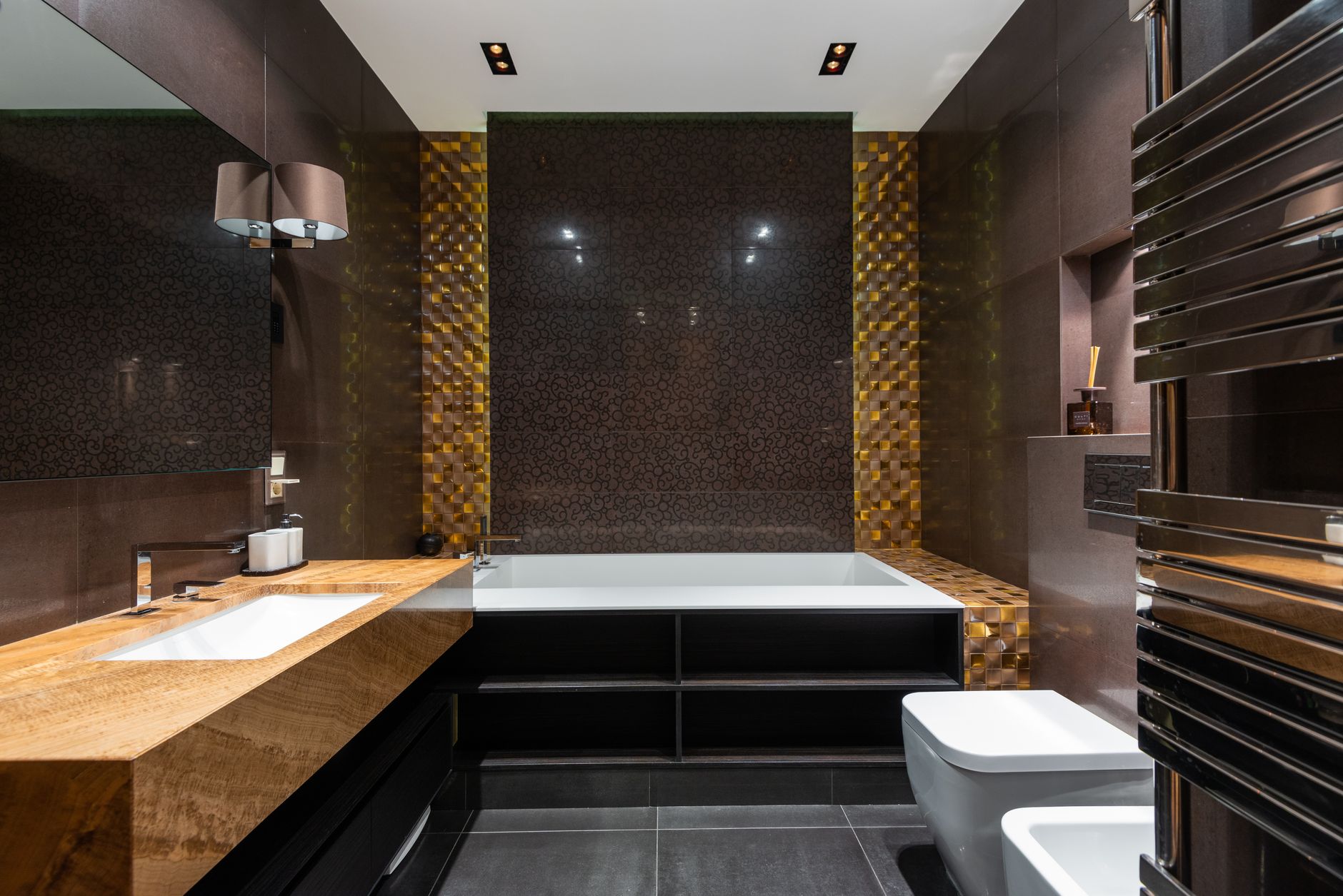 quiet luxury bathroom organization that look expensive Interior of stylish bathroom with clean bathtub and sink and brown walls in modern apartment