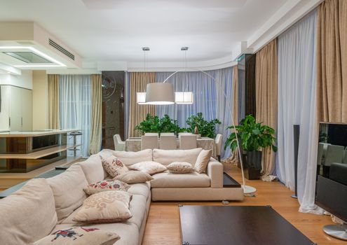 Large comfortable sofa with pillows placed opposite TV in spacious living room in contemporary apartment