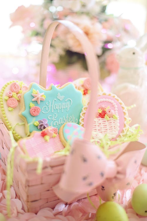 Decorated Cookies in a Pink Woven Basket