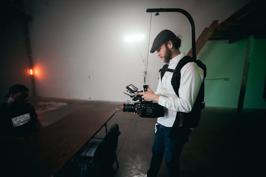 A behind-the-scenes look at a cinematographer setting up camera gear on a film set.