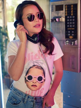 Trendy woman with sunglasses talking on a public telephone, embracing a retro urban vibe.