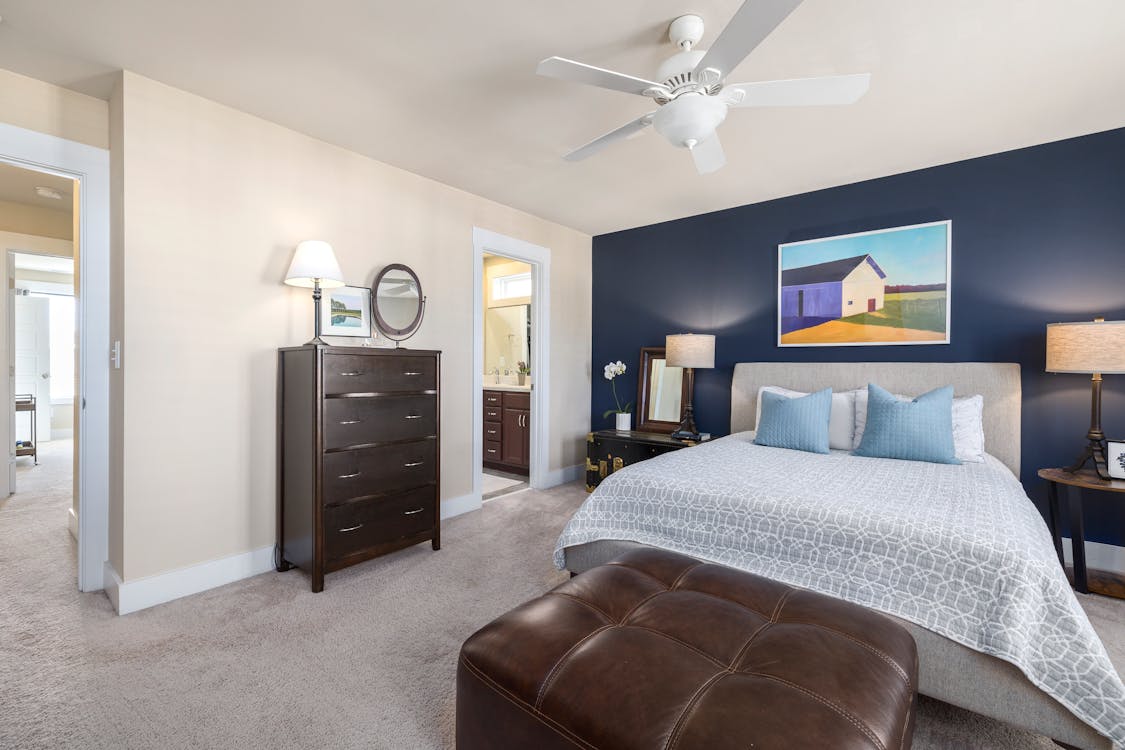 Free Spacious modern bedroom with stylish decor and natural light. Stock Photo