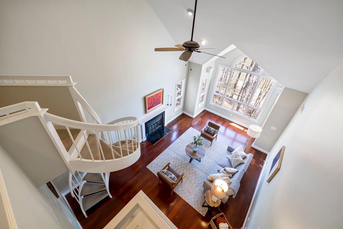 A High Angle Shot of a Living Room Near the Glass Window