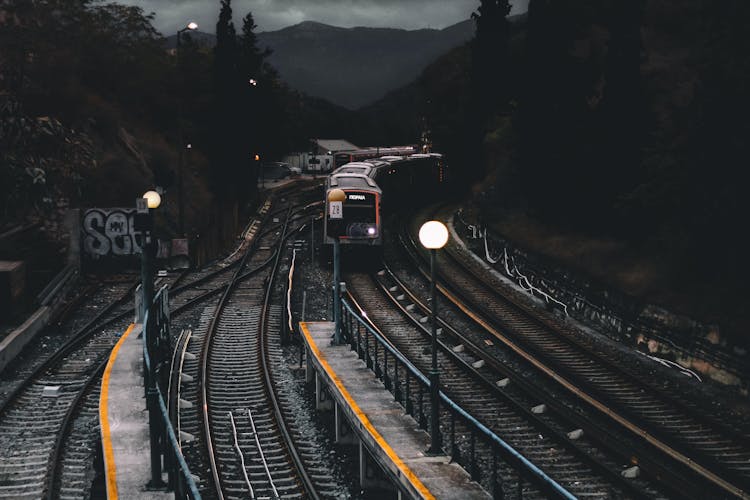 Train On Railways During Nighttime