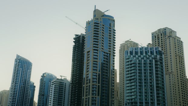 Dramatic view of tall skyscrapers forming a city skyline, showcasing urban architecture.