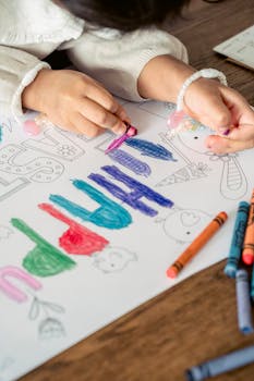 A young child enthusiastically colors an Easter-themed page with vibrant crayons, celebrating spring creativity.