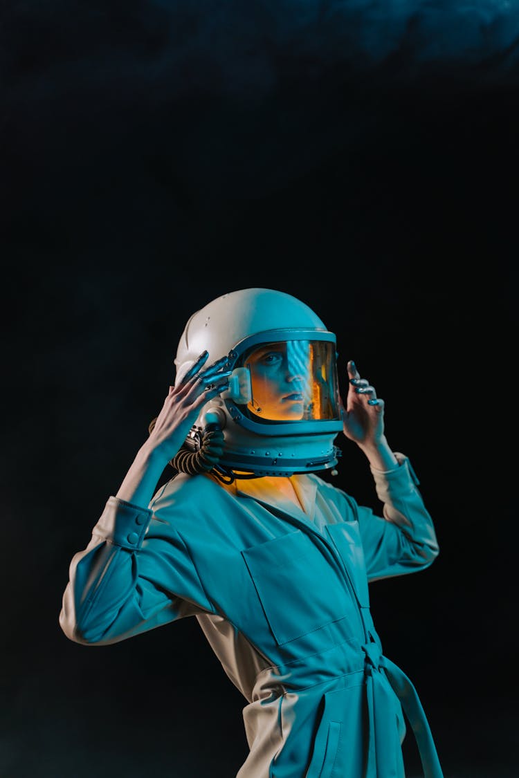 Woman Wearing Leather Coat And Space Helmet 