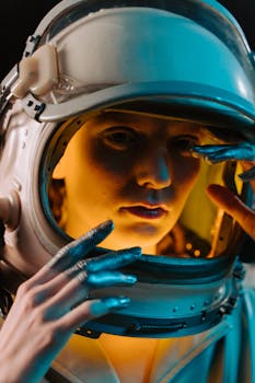 A striking portrait of a woman wearing an astronaut helmet with artistic lighting.