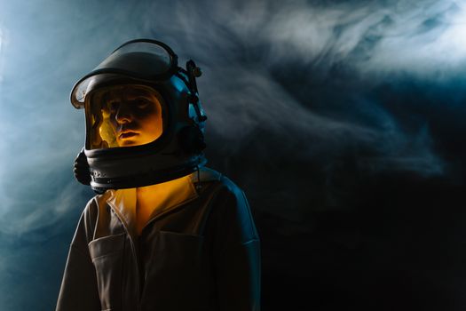 A dramatic portrait of an astronaut in a dimly lit, smoky environment, exuding mystery and exploration.