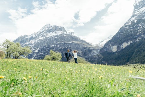 Uomo E Donna Che Camminano Sul Prato Di Fiori Gialli