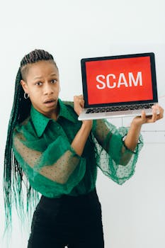 Photo by Nataliya Vaitkevich A shocked woman holding a laptop displaying a scam alert in a bright room.
