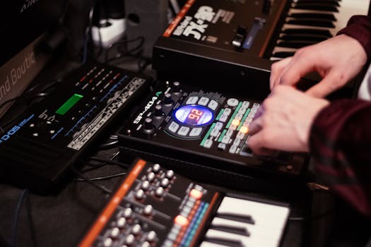 Close-up of hands using synthesizers and audio equipment in a music studio.