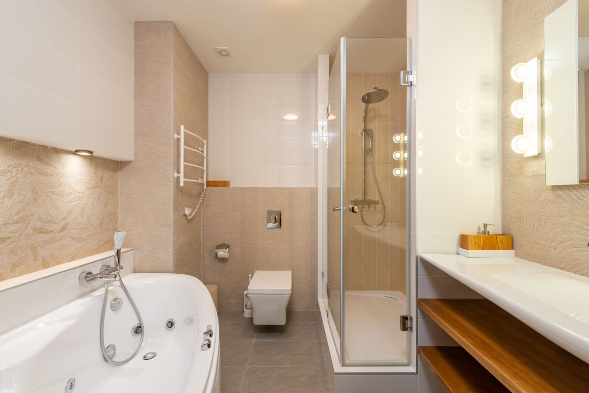 Contemporary bathroom with a bathtub and walk-in shower