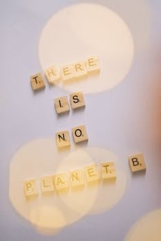 Letter tiles spelling 'There Is No Planet B' with a blurred bokeh effect.