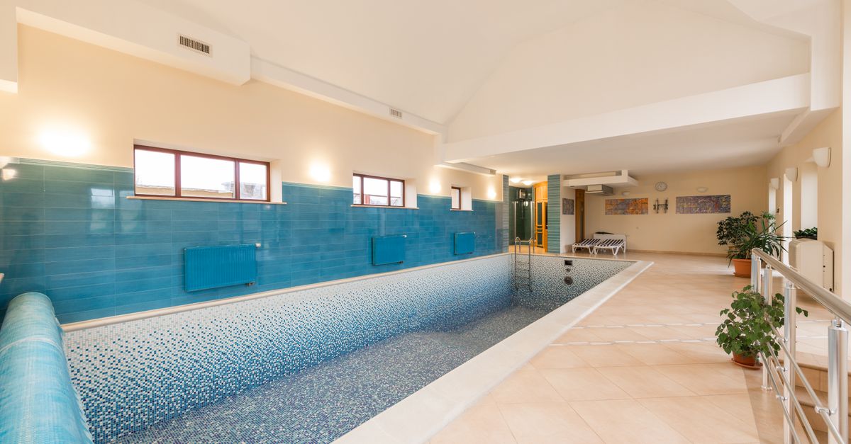 Empty spacious pool in building with tile floor near potted green plants and windows