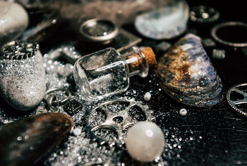 From above of small glass jar placed among decorated shiny seashells and metallic details placed on dark table