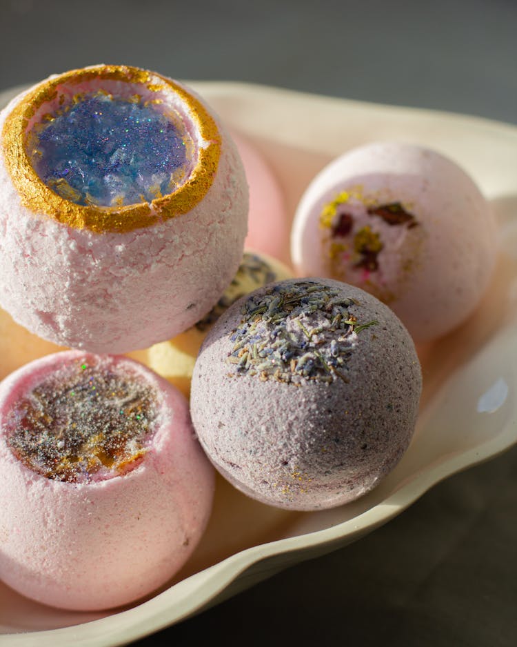 Fragrant Bath Bombs Placed In Ceramic Plate