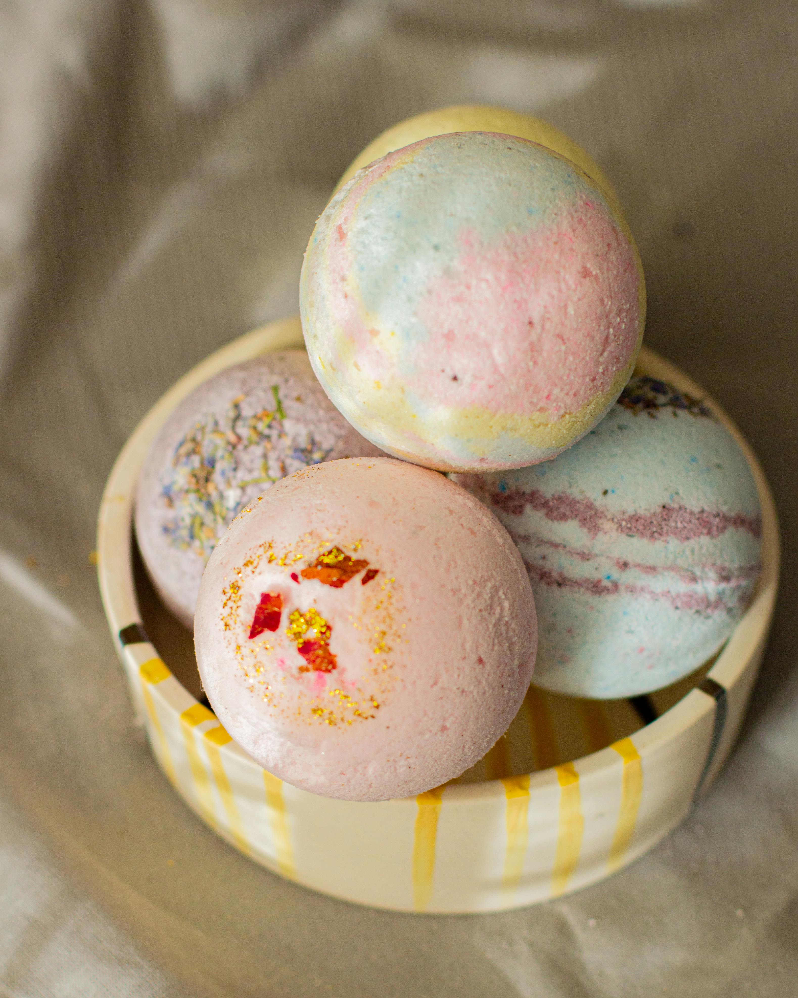 fragrant bath bombs heaped in bowl