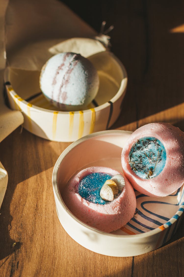 Creative Bath Bombs Arranged In Ceramic Bowls