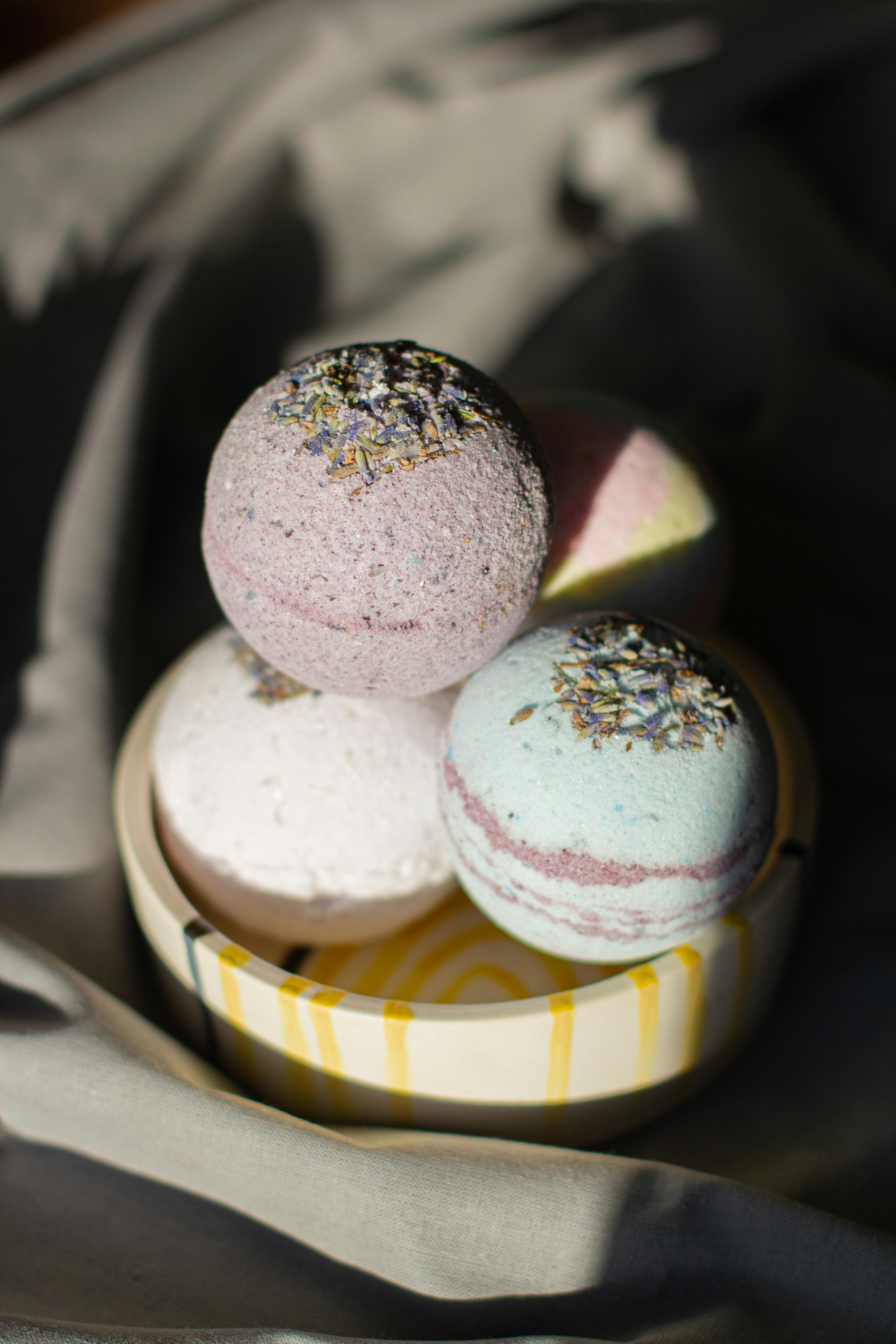 set of aromatic bath bombs heaped in bowl