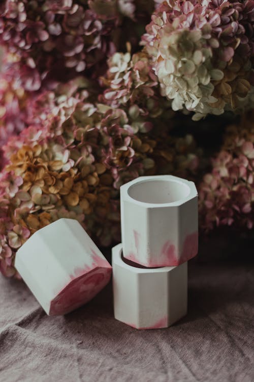 Composition of white ceramic tealight holders without candles arranged on table near aromatic dark red flowers