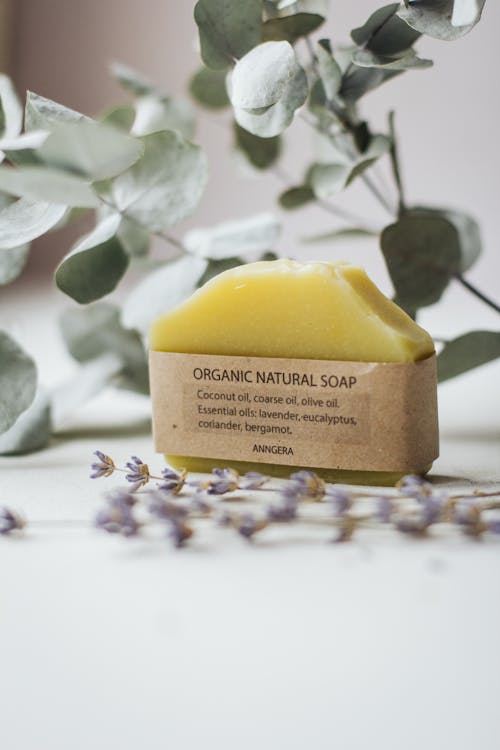 Natural handmade soap arranged on table with Eucalyptus twigs