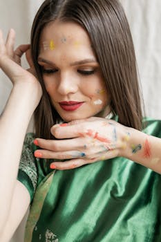 Close-up of a woman with colored powder on her face and hands, celebrating Holi.