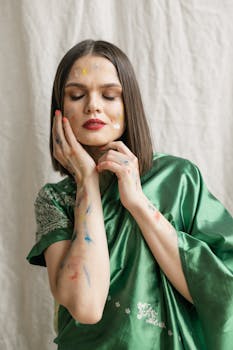 Woman in green sari with colorful paint on her face and hands, celebrating Holi.