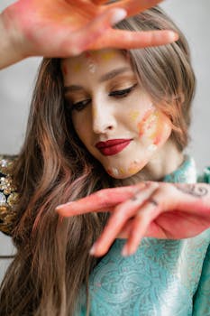 Colorful close-up portrait of a woman enjoying Holi festivities with vivid face paint.