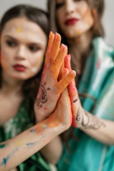 Two women enjoying Holi with hands covered in colorful powder and henna tattoos.