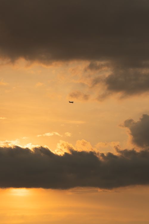 Free A lone airplane silhouette flying across a stunning golden sunset sky with dramatic clouds. Stock Photo