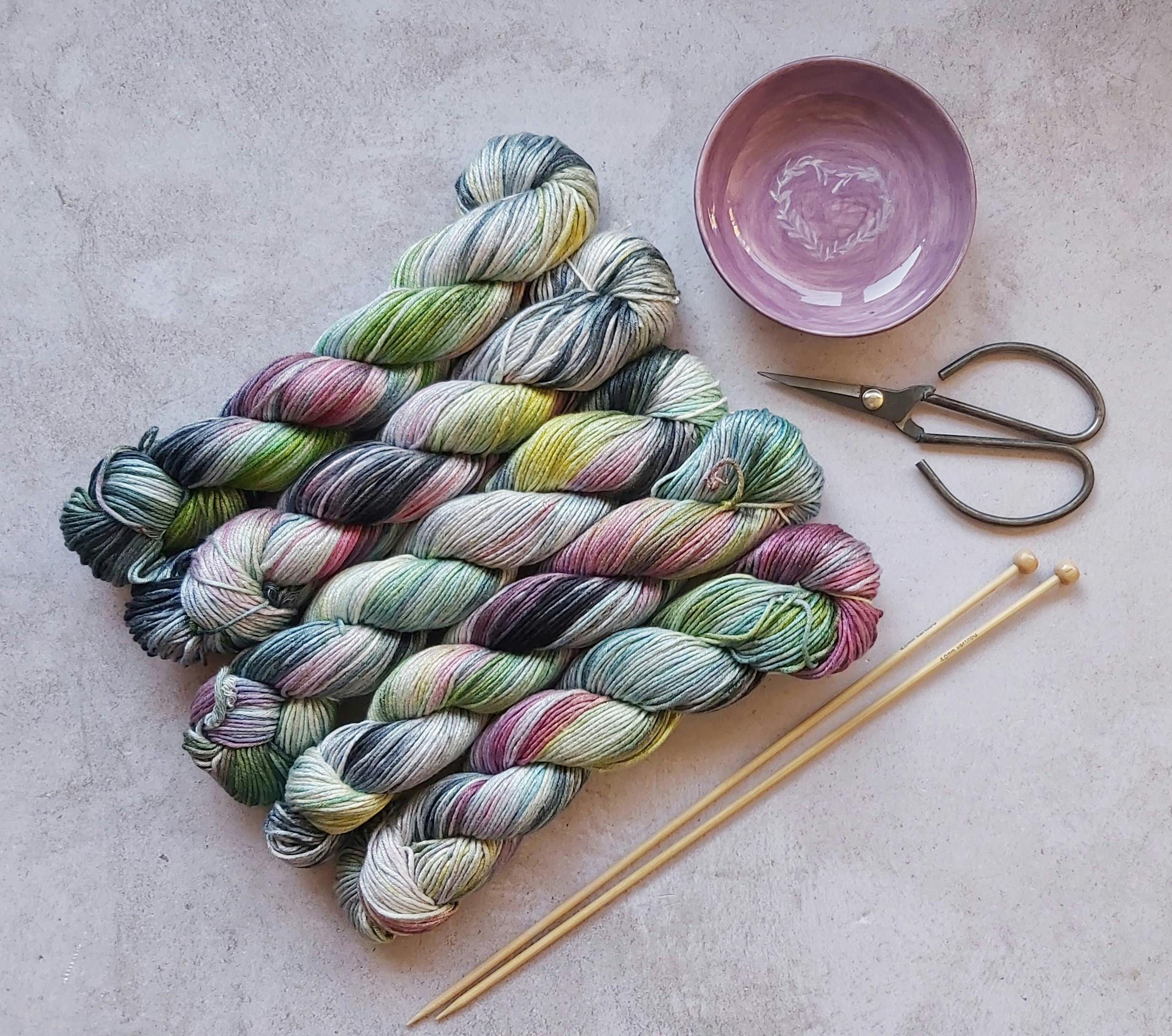 Dyed Yarn Beside Knitting Needles and Scissor · Free Stock Photo