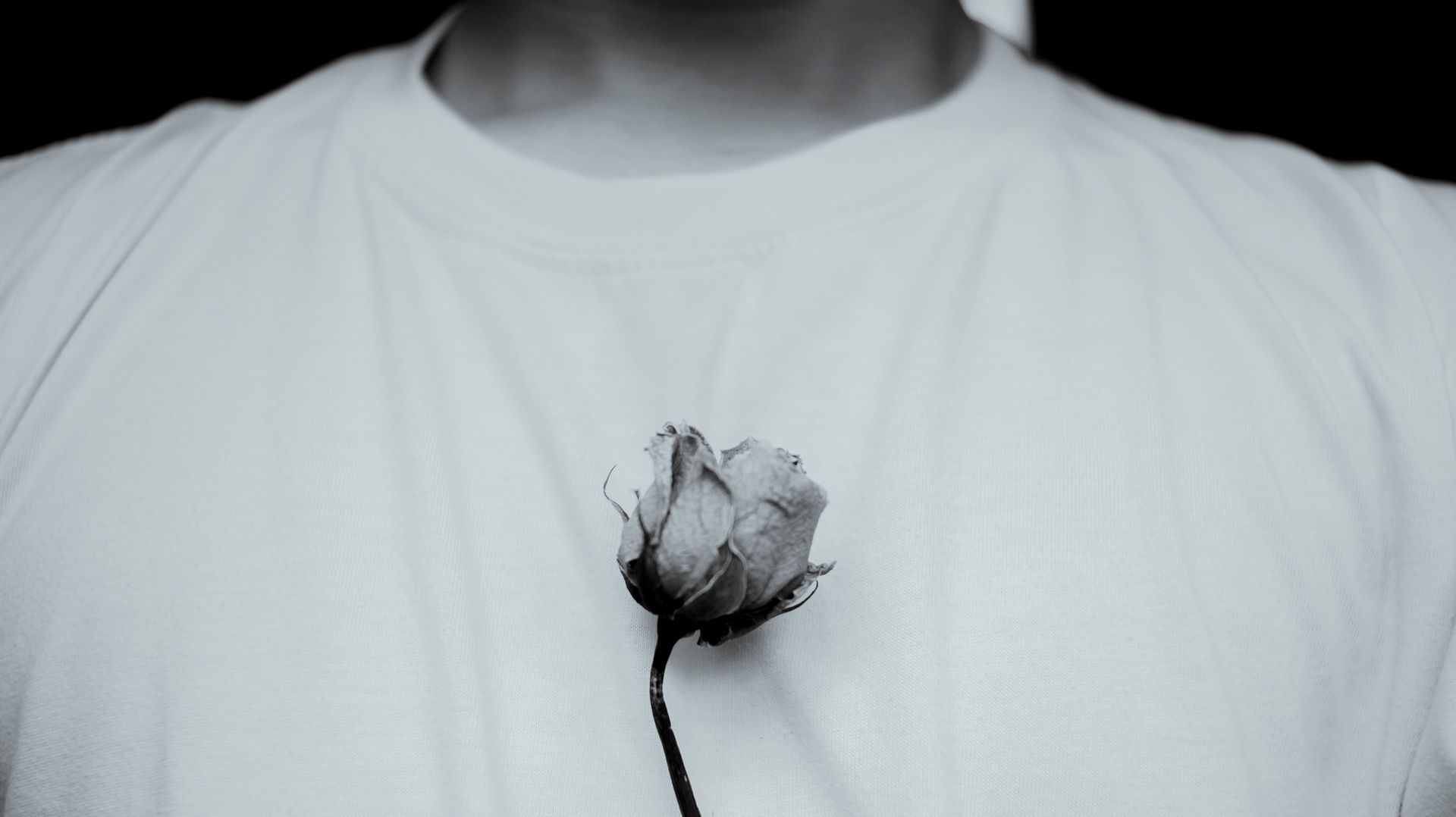 Black and white of crop anonymous male in casual white t shirt with small faded rose standing in light room