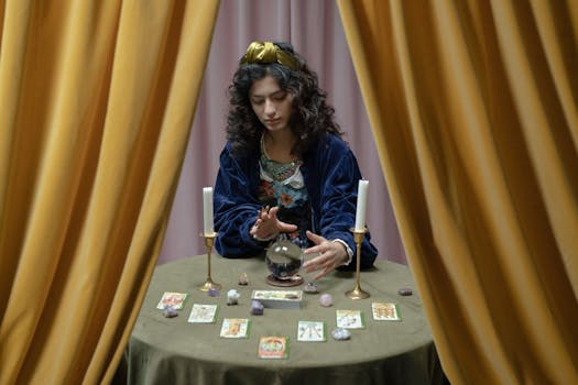 A woman performs fortune telling with a crystal ball and tarot cards, creating a mystical atmosphere.
