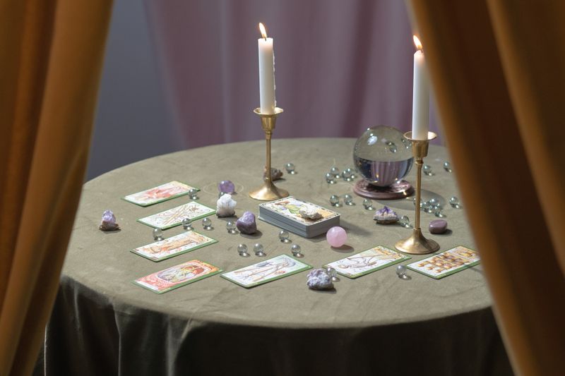 A crystal ball and tarot spread arranged for an intuition exercise