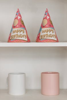 Two colorful birthday hats on a shelf, perfect for a festive indoor celebration.