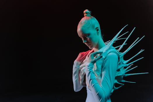 A woman in a spiky sci-fi costume on a black background, evoking an extraterrestrial theme.