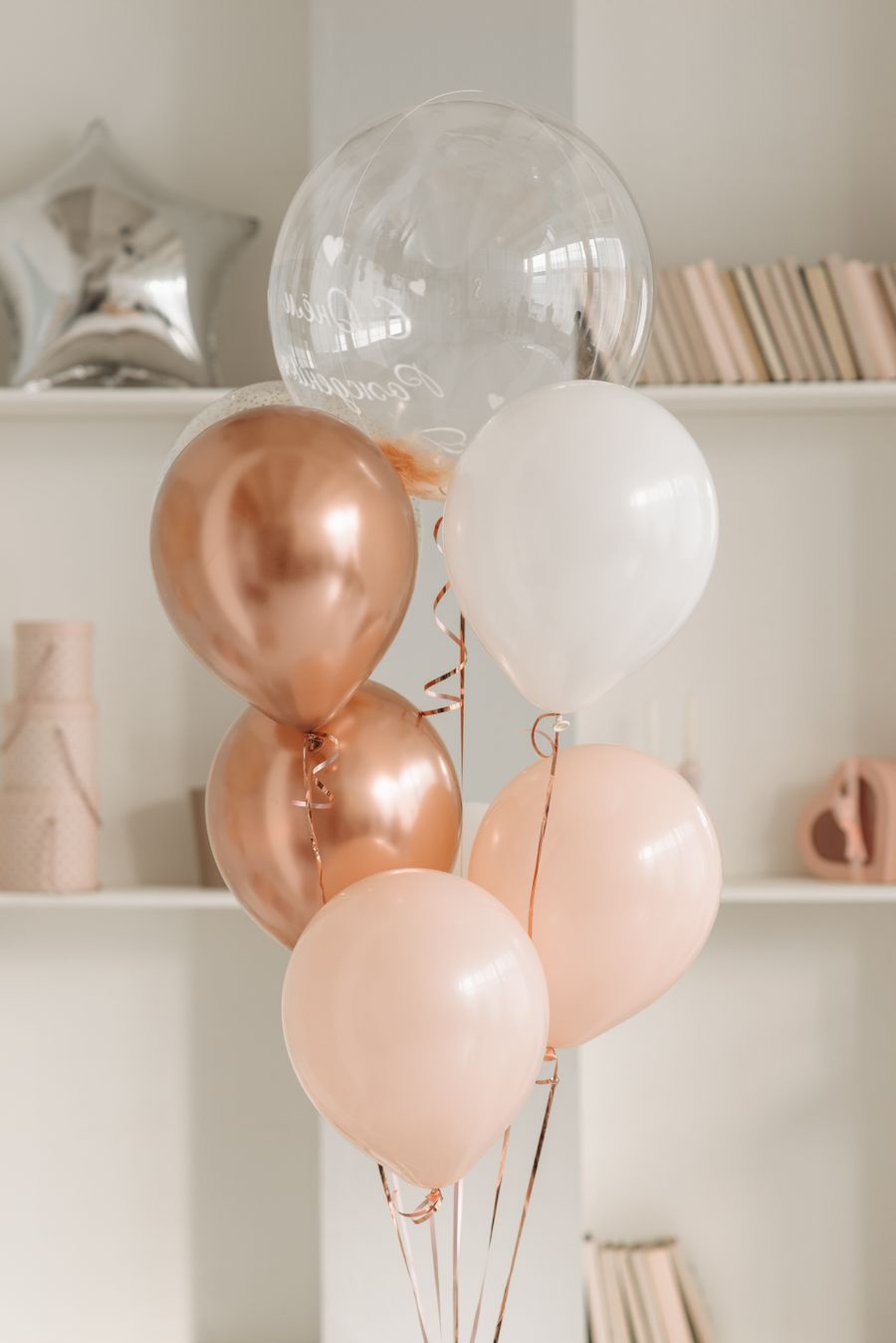 Stylish rose gold, white and clear balloon cluster