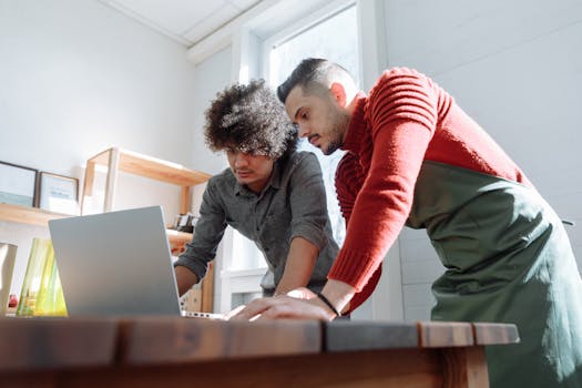 Two men in a well-lit room focusing on work over a laptop, symbolizing teamwork and cooperation.